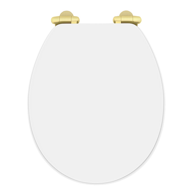 Toreno High Gloss White MDF Bottom Fixing Toilet Seat Brushed Brass Hinges Large Image