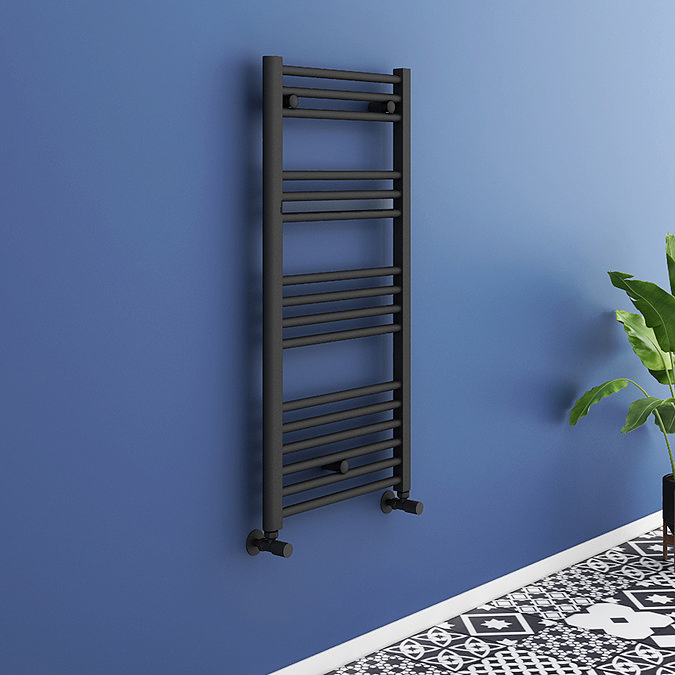 Toreno Matt Black 800 x 500mm Straight Heated Towel Rail with Valves & Electric Heating Kit
