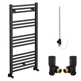 Toreno Matt Black 1000 x 500mm Straight Heated Towel Rail with Valves & Electric Heating Kit