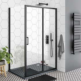 Toreno Matt Black 1000 x 800mm Sliding Door Shower Enclosure + Slate Effect Tray