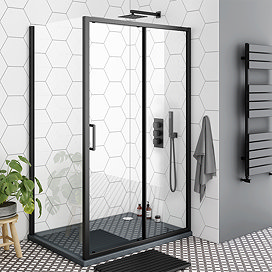 Toreno Matt Black 1000 x 900mm Sliding Door Shower Enclosure + Slate Effect Tray