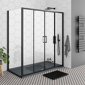 Toreno Matt Black 1400 x 800mm Double Sliding Door Shower Enclosure + Slate Effect Tray