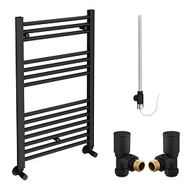 Toreno Matt Black 800 x 500mm Straight Heated Towel Rail with Valves & Electric Heating Kit