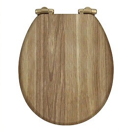 Toreno Oak Effect MDF Bottom Fixing Soft Close Toilet Seat with Brushed Brass Hinges
