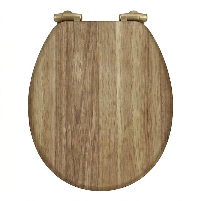 Toreno Oak Effect MDF Bottom Fixing Soft Close Toilet Seat with Brushed Brass Hinges