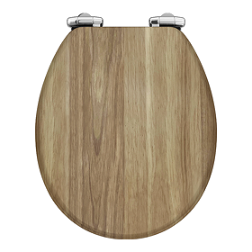 Toreno Oak Effect MDF Bottom Fixing Soft Close Toilet Seat with Chrome Hinges