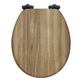 Toreno Oak Effect MDF Bottom Fixing Soft Close Toilet Seat with Matt Black Hinges