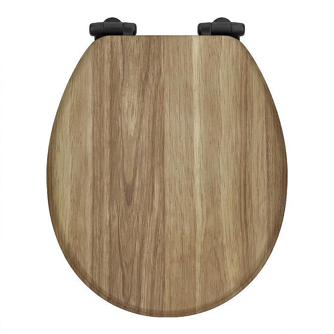 Toreno Oak Effect MDF Bottom Fixing Soft Close Toilet Seat with Matt Black Hinges