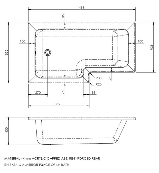 1500mm Bath - Right Hand Option