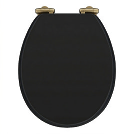 Toreno Satin Black MDF Bottom Fixing Toilet Seat with Brushed Brass Hinges