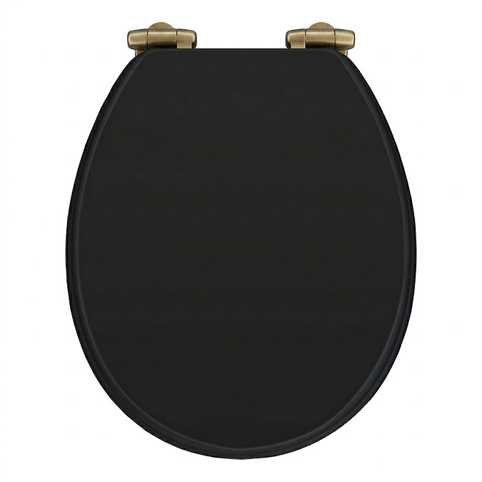 Toreno Satin Black MDF Bottom Fixing Toilet Seat with Brushed Brass Hinges