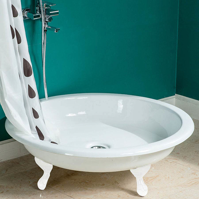 Traditional 1040mm Round Freestanding Cast Iron Shower Tray with Ball + Claw Feet Large Image