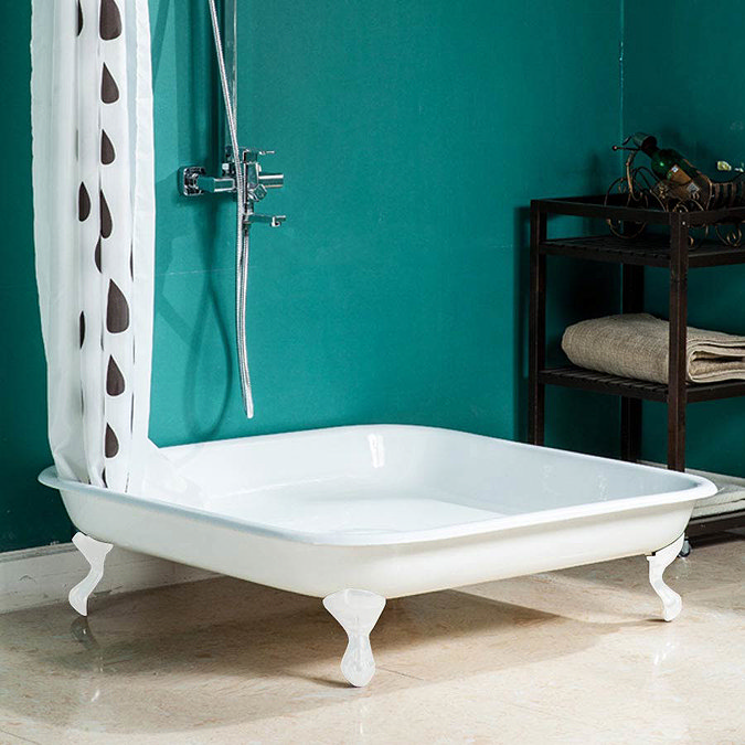 Traditional 1060mm Square Cast Iron Shower Tray with White Ball & Claw Feet Large Image