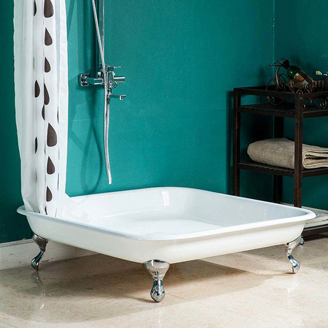 Traditional 1060mm Square Freestanding Cast Iron Shower Tray Inc. Ball +& Claw Feet Large Image