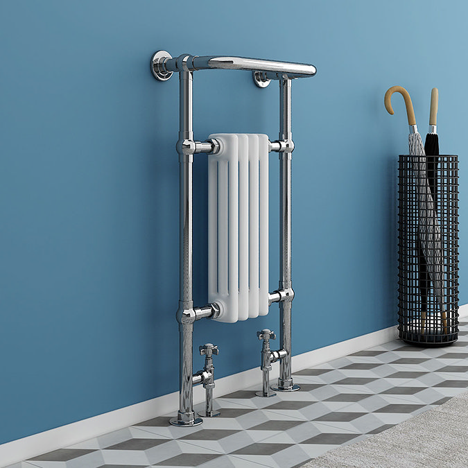 Traditional Mayfair Heated Towel Rail with Pair of Angled Crosshead Radiator Valves  Feature Large I