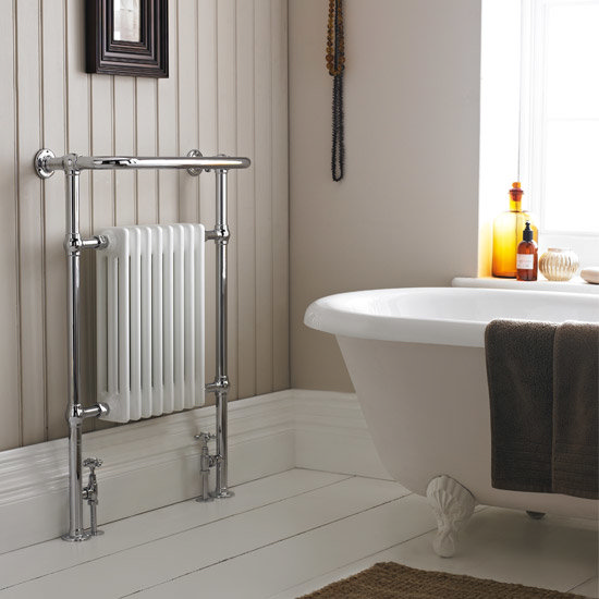 Traditional Savoy Heated Towel Rail with Pair of Angled Crosshead Radiator Valves Profile Large Image