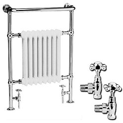 Traditional Savoy Heated Towel Rail with Pair of Angled Crosshead Radiator Valves Large Image