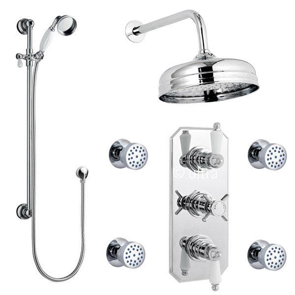 Traditional Triple Concealed Shower Valve with Diverter, 8" Fixed Shower Head, 4 Body Jets & Slider 