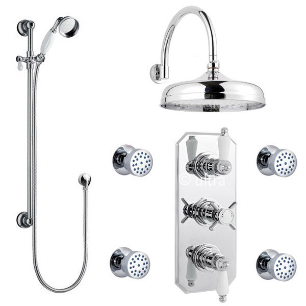 Traditional Triple Concealed Valve w Diverter, 12" Shower Head, Curved Arm, 4 Body Jets & Slider Lar