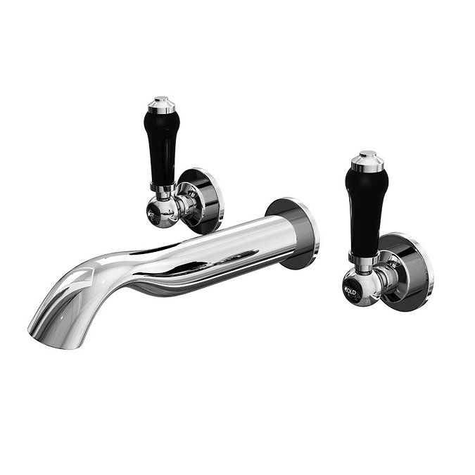 Traditional Wall Mounted Bath Filler Taps with Black Lever Handles Large Image