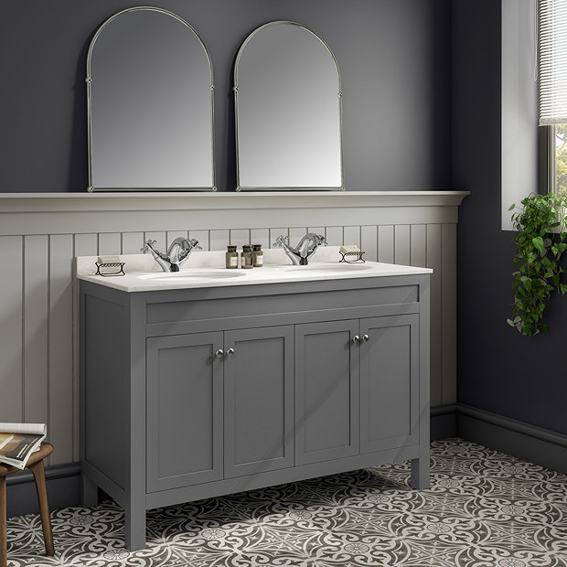 Trafalgar 1200mm Grey Double Basin Vanity Unit with White Marble Basin