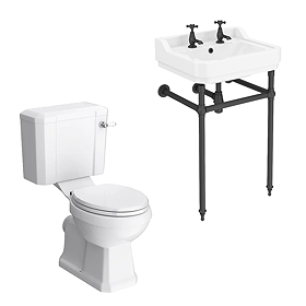 Trafalgar 560mm Basin with Matt Black Wash Stand + Close Coupled Toilet (2 Tap Hole)