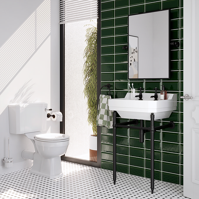 Trafalgar 560mm Basin with Matt Black Wash Stand + Close Coupled Toilet (2 Tap Hole)