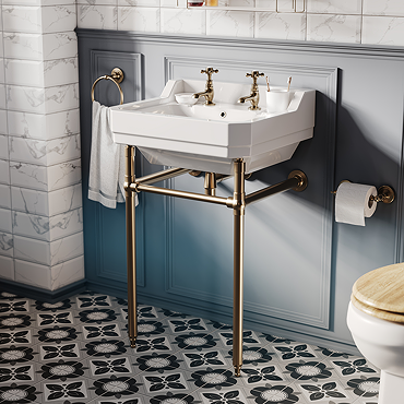 Trafalgar 560mm Basin with Upstand and Traditional Antique Brass Wash Stand