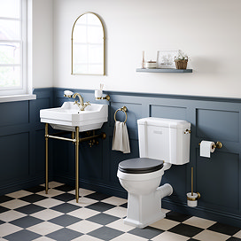 Trafalgar 560mm Basin with Antique Brass Wash Stand & Close Coupled Toilet - 1 Tap Holes, Includes Toilet Seat