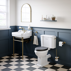 Trafalgar 560mm Basin with Antique Brass Wash Stand & Close Coupled Toilet - 1 Tap Holes, Includes Toilet Seat