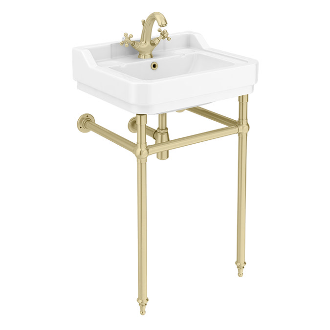 Trafalgar 560mm Basin with Brushed Brass Wash Stand & Close Coupled Toilet - 1 Tap Holes, Includes Toilet Seat