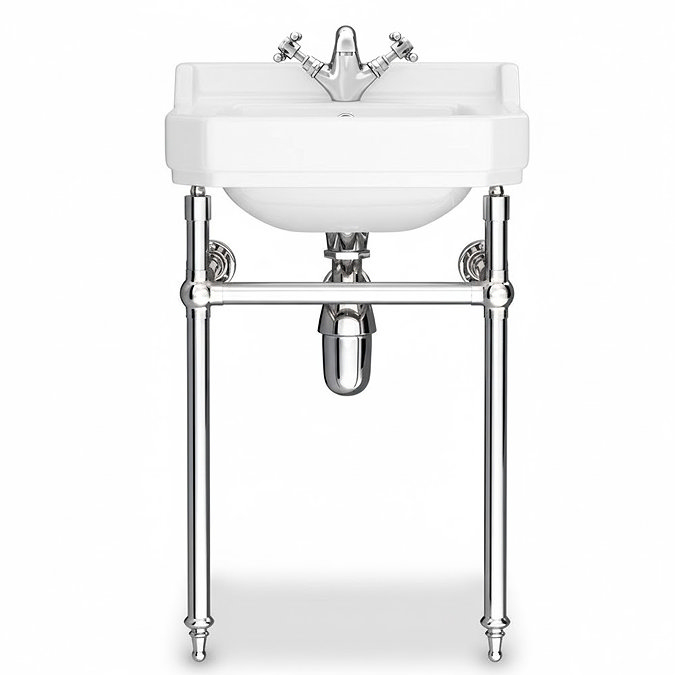 Trafalgar 560mm Basin with Chrome Wash Stand & Close Coupled Toilet – 1 Tap Holes, Includes Toilet Seat