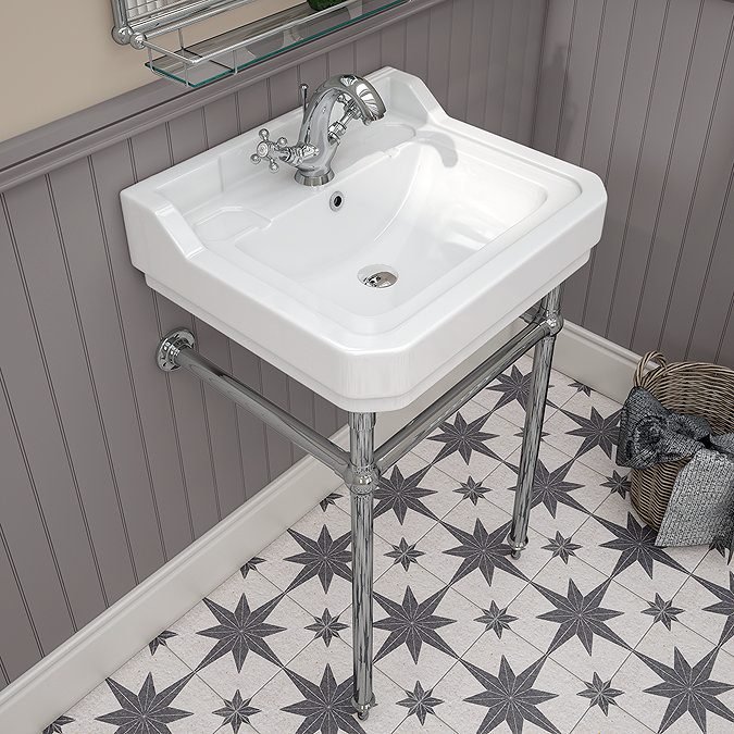 Trafalgar 560mm Basin with Upstand and Traditional Chrome Wash Stand 2 Tap Hole