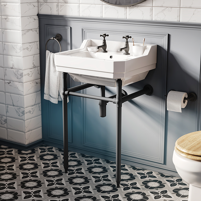 Trafalgar 560mm Basin with Upstand and Traditional Matt Black Wash Stand