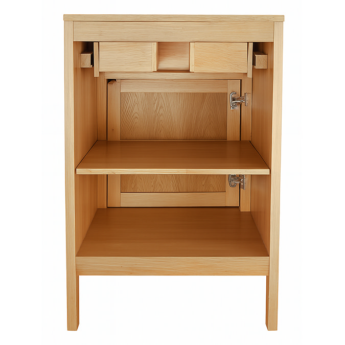 Trafalgar 600mm Solid Oak Bathroom Vanity Unit with Gloss White Rectangular Basin & Brushed Brass Handles