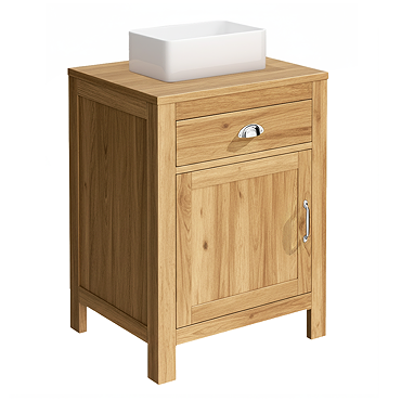 Trafalgar 600mm Solid Oak Bathroom Vanity Unit with Gloss White Rectangular Basin & Chrome Handles