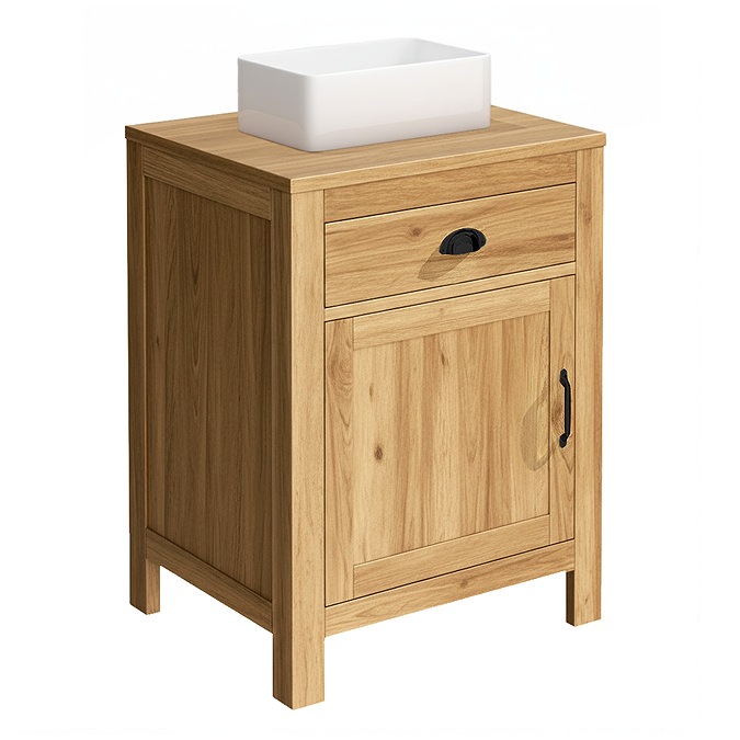 Trafalgar 600mm Solid Oak Bathroom Vanity Unit with Gloss White Rectangular Basin & Matt Black Handles