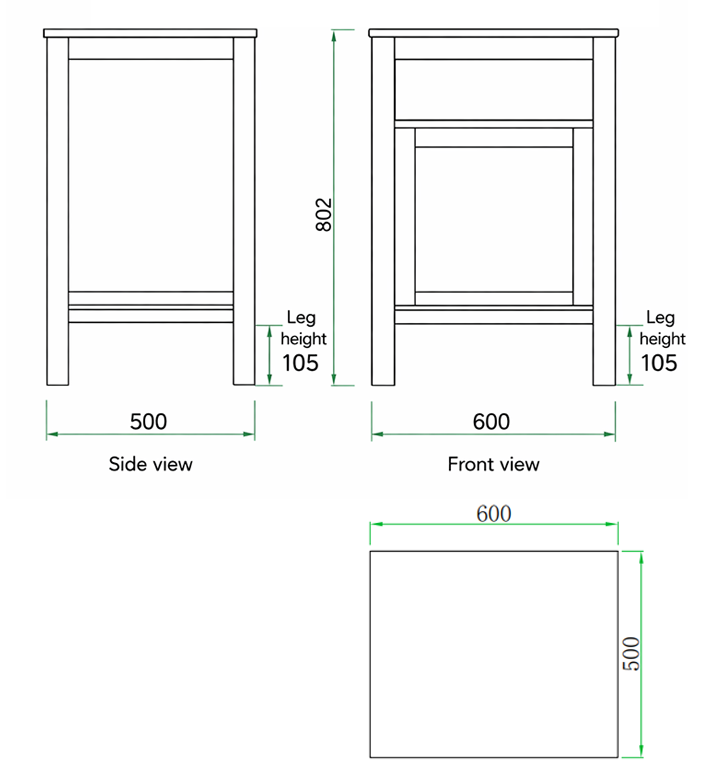 Trafalgar 600mm Solid Oak Floor Standing Countertop Vanity Unit with Matt Black Handles