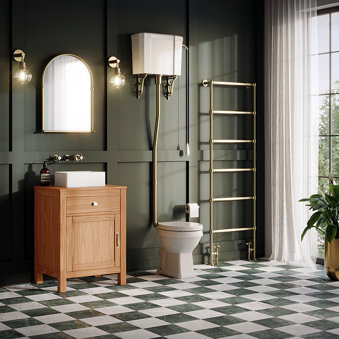 Trafalgar 600mm Solid Oak Vanity Unit with Antique Brass Handles & Gloss White Rectangular Basin