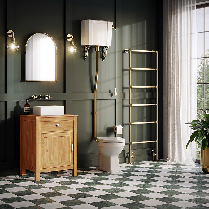 Trafalgar 600mm Solid Oak Bathroom Vanity Unit with Gloss White Rectangular Basin & Antique Brass Handles