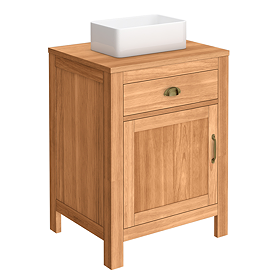 Trafalgar 600mm Solid Oak Vanity Unit with Antique Brass Handles & Gloss White Rectangular Basin