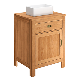 Trafalgar 600mm Solid Oak Vanity Unit with Antique Brass Handles & Gloss White Rectangular Basin