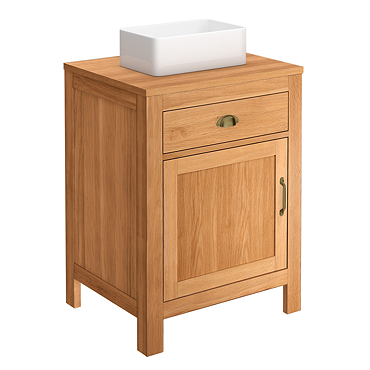Trafalgar 600mm Solid Oak Vanity Unit with Antique Brass Handles & Gloss White Rectangular Basin