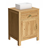 Trafalgar 600mm Solid Oak Vanity Unit with Antique Brass Handles & Gloss White Rectangular Basin