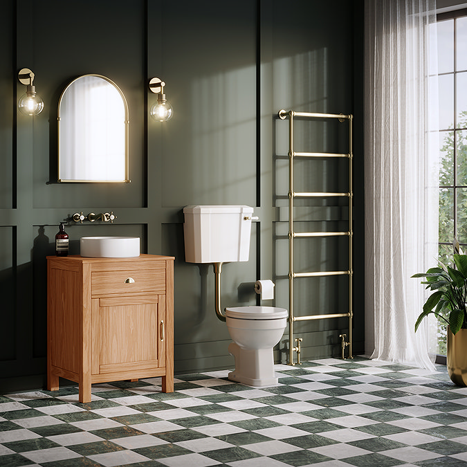 Trafalgar 600mm Solid Oak Vanity Unit with Antique Brass Handles & Gloss White Round Basin