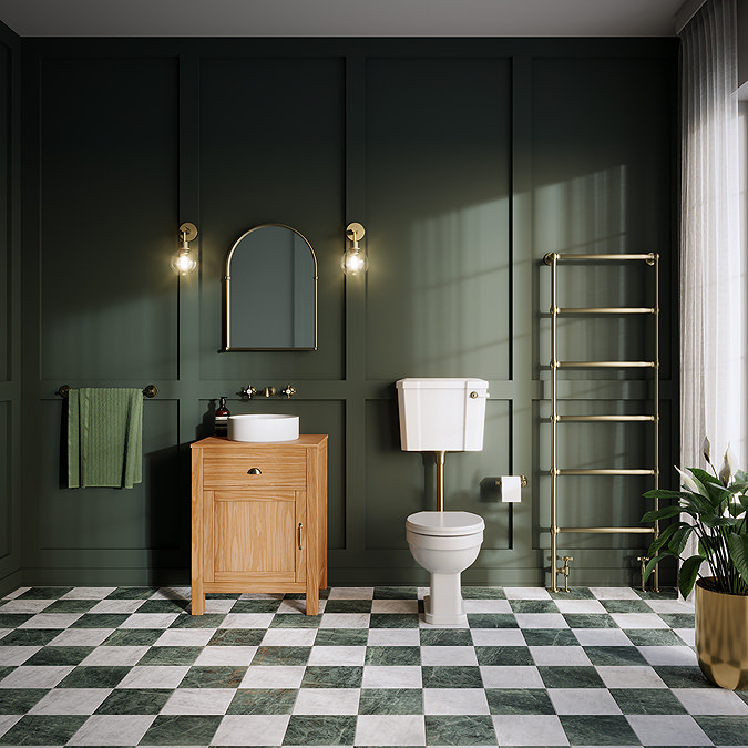 Trafalgar 600mm Solid Oak Vanity Unit with Antique Brass Handles & Gloss White Round Basin