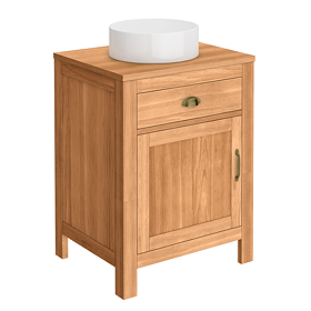 Trafalgar 600mm Solid Oak Vanity Unit with Antique Brass Handles & Gloss White Round Basin