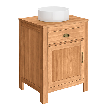Trafalgar 600mm Solid Oak Vanity Unit with Antique Brass Handles & Gloss White Round Basin