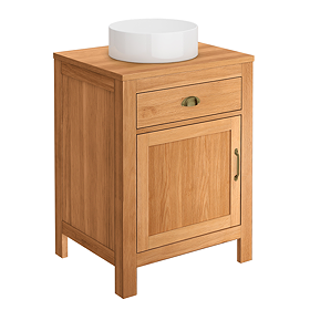 Trafalgar 600mm Solid Oak Vanity Unit with Antique Brass Handles & Gloss White Round Basin