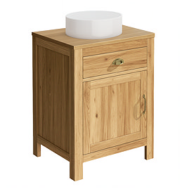 Trafalgar 600mm Solid Oak Vanity Unit with Antique Brass Handles & Gloss White Round Basin